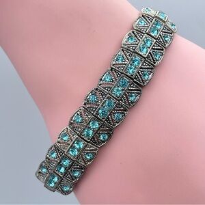 Art Deco Stretch Silver-Tone Bracelet w/ Aqua Blue Crystal Rhinestones Size 6.5